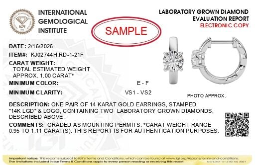 IGI Certified 14K White Gold 1.00 Cttw Lab Grown Diamond Solitaire Huggie Hoop Earrings - alternate view 4