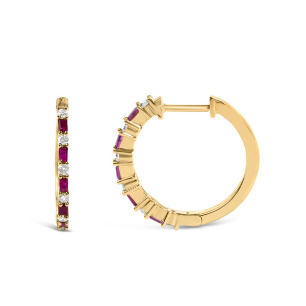 14K Yellow Gold Baguette Ruby and 1/5 Cttw Diamond Hoop Earrings - alternate view 2