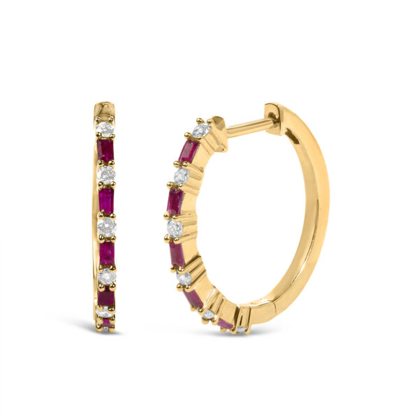 14K Yellow Gold Baguette Ruby and 1/5 Cttw Diamond Hoop Earrings - alternate view 3