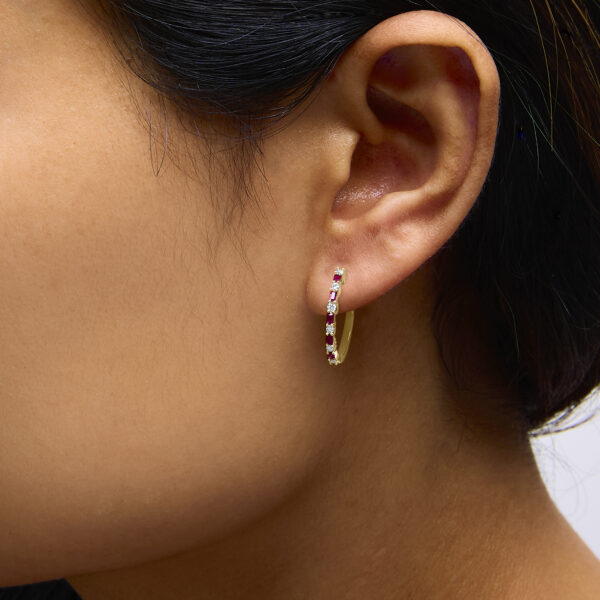 14K Yellow Gold Baguette Ruby and 1/5 Cttw Diamond Hoop Earrings - alternate view 5