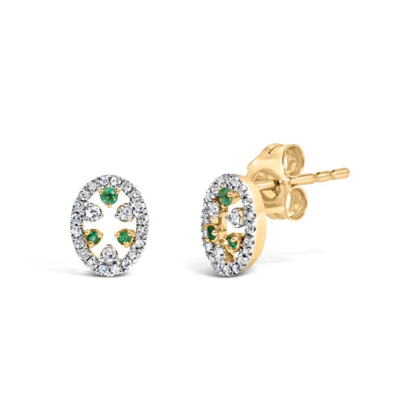 14K Yellow Gold Oval Emerald and 1/7 Cttw Diamond Stud Earrings - alternate view 2