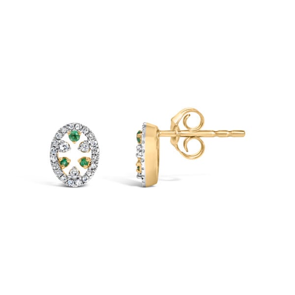 14K Yellow Gold Oval Emerald and 1/7 Cttw Diamond Stud Earrings - alternate view 3