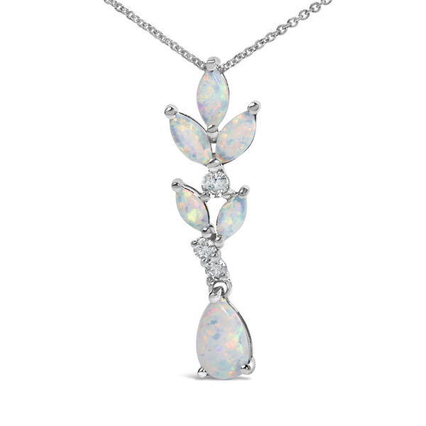 925 Sterling Silver Created White Opal and White Sapphire Leaf Drop Pendant Necklace - alternate view 2