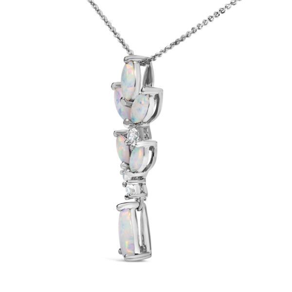 925 Sterling Silver Created White Opal and White Sapphire Leaf Drop Pendant Necklace - alternate view 3