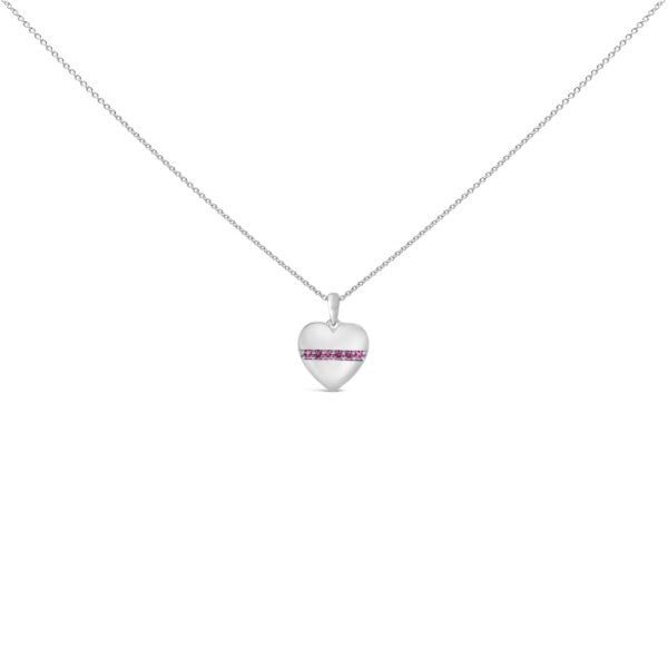 Sterling Silver Pink Sapphire Bar Heart Pendant Necklace