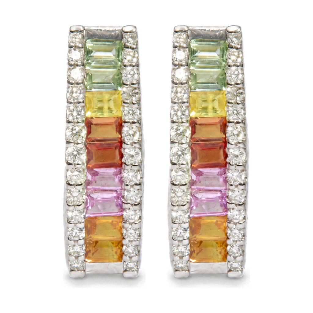 18K White Gold Rainbow Baguette Sapphire and 1/2 Cttw Diamond Bar Drop Earrings