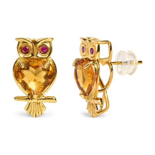 18K Yellow Gold Owl Stud Earrings with Heart-Shaped Citrine and Bezel-Set Ruby Eyes - alternate view 2