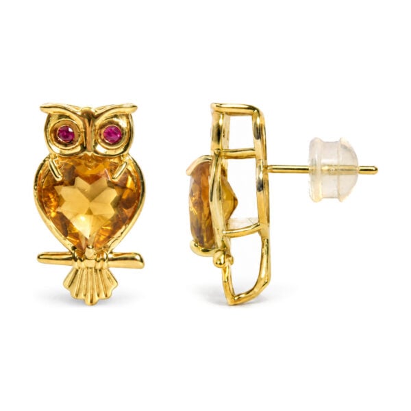 18K Yellow Gold Owl Stud Earrings with Heart-Shaped Citrine and Bezel-Set Ruby Eyes - alternate view 3