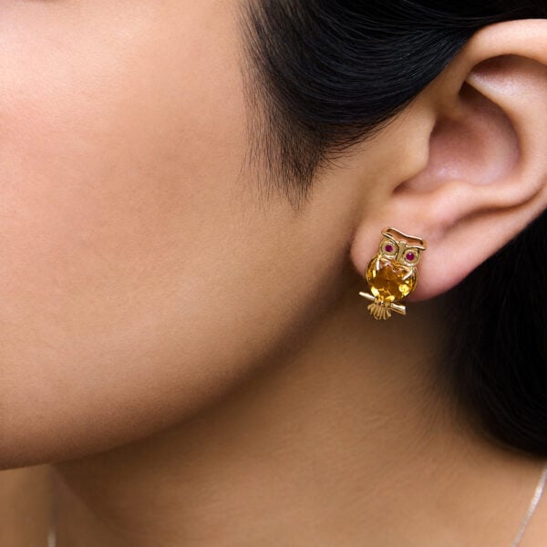 18K Yellow Gold Owl Stud Earrings with Heart-Shaped Citrine and Bezel-Set Ruby Eyes - alternate view 5
