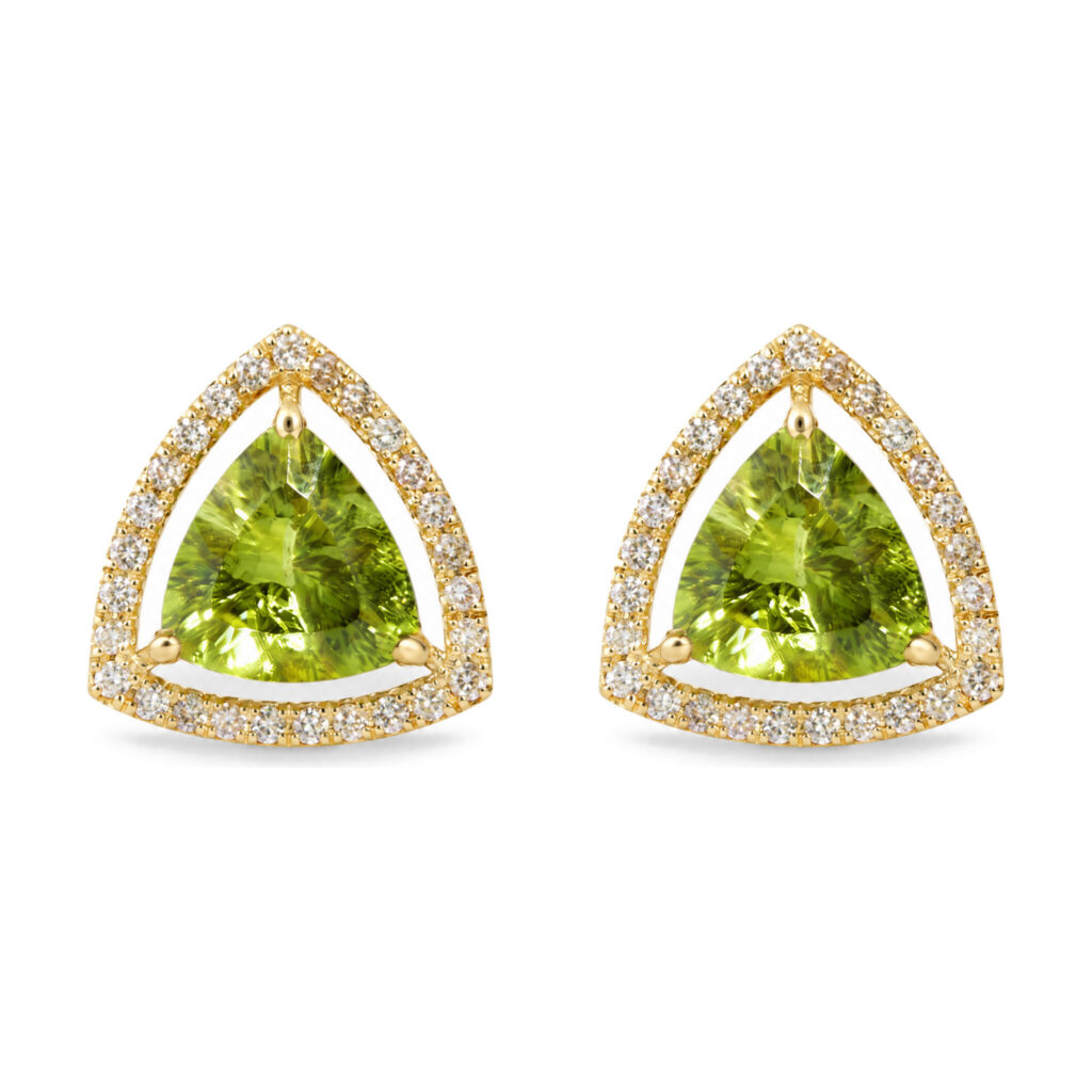 18K Yellow Gold Trillion Green Peridot and 1/2 Cttw Diamond Halo Stud Earrings