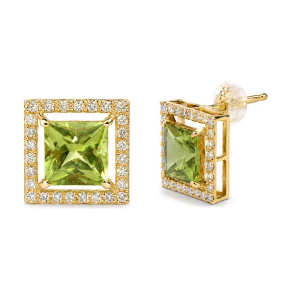 18K Yellow Gold Princess-Cut Green Peridot and 1/2 Cttw Diamond Halo Stud Earrings - alternate view 2