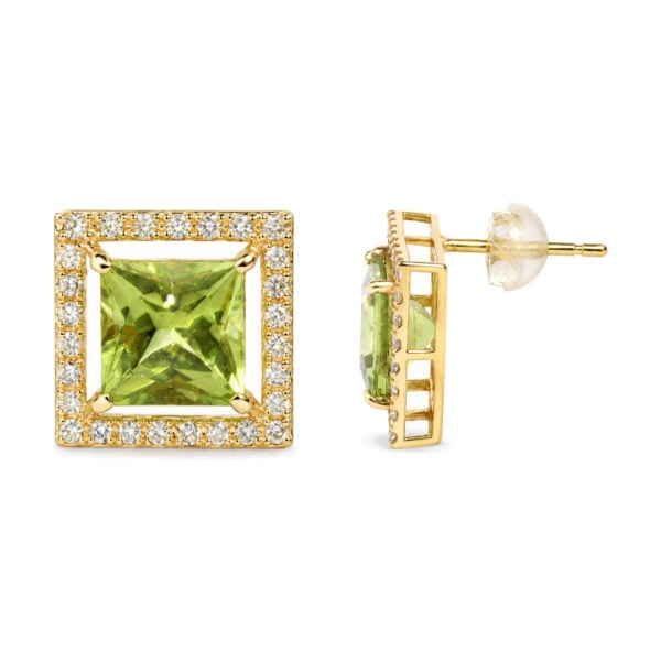18K Yellow Gold Princess-Cut Green Peridot and 1/2 Cttw Diamond Halo Stud Earrings - alternate view 3