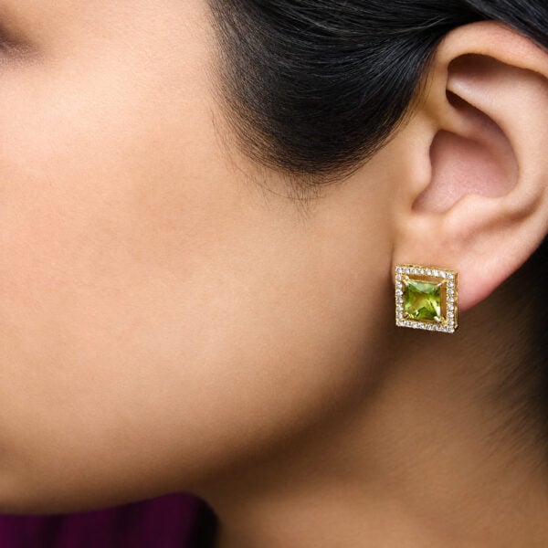 18K Yellow Gold Princess-Cut Green Peridot and 1/2 Cttw Diamond Halo Stud Earrings - alternate view 5