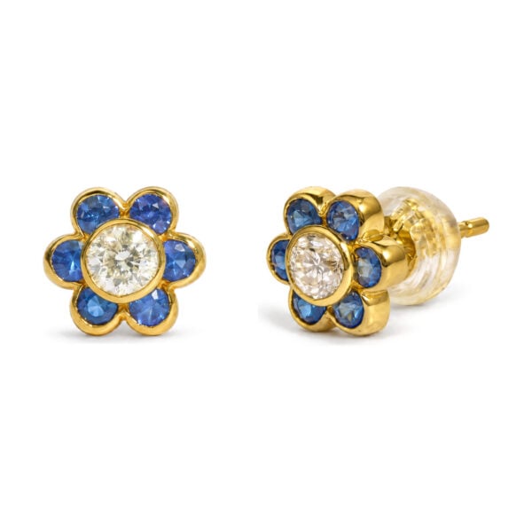 18K Yellow Gold Blue Sapphire and 1/5 Cttw Diamond Bezel-Set Flower Stud Earrings - alternate view 2