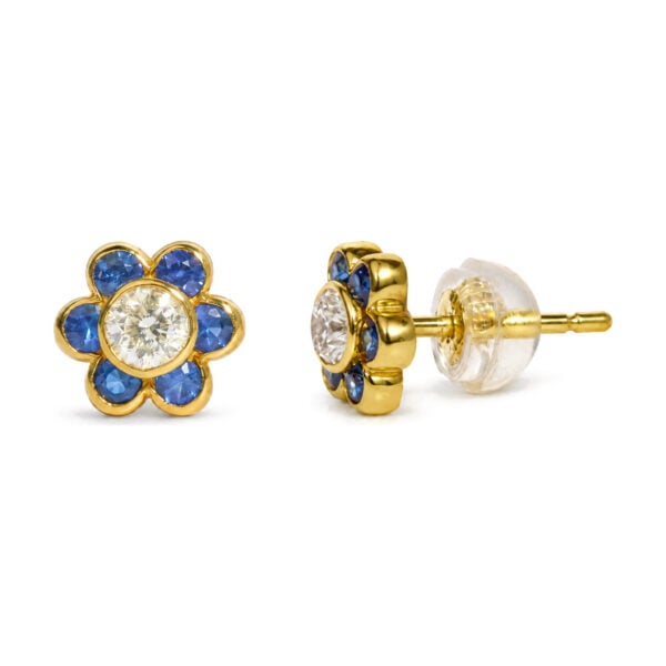 18K Yellow Gold Blue Sapphire and 1/5 Cttw Diamond Bezel-Set Flower Stud Earrings - alternate view 3