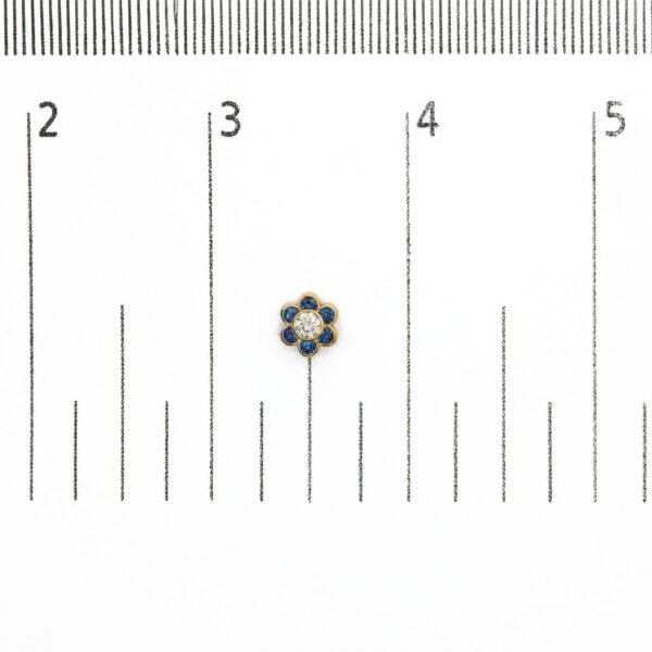18K Yellow Gold Blue Sapphire and 1/5 Cttw Diamond Bezel-Set Flower Stud Earrings - alternate view 4