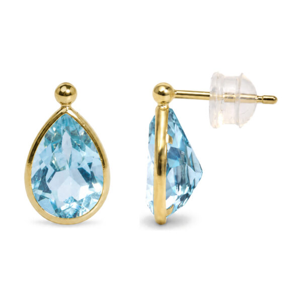 18K Yellow Gold Pear-Shaped Blue Topaz Bezel-Set Drop Earrings with Polished Bead Tops - alternate view 3
