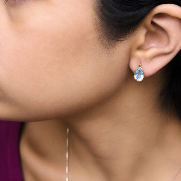 18K Yellow Gold Pear-Shaped Blue Topaz Bezel-Set Drop Earrings with Polished Bead Tops - alternate view 5