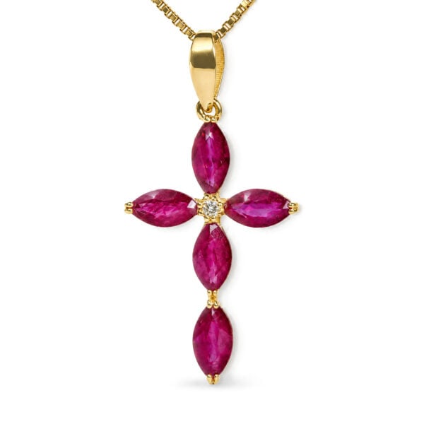 18K Yellow Gold Marquise Red Ruby and Diamond Accent Cross Pendant Necklace - alternate view 2