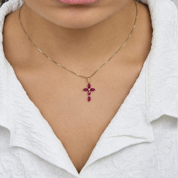 18K Yellow Gold Marquise Red Ruby and Diamond Accent Cross Pendant Necklace - alternate view 5