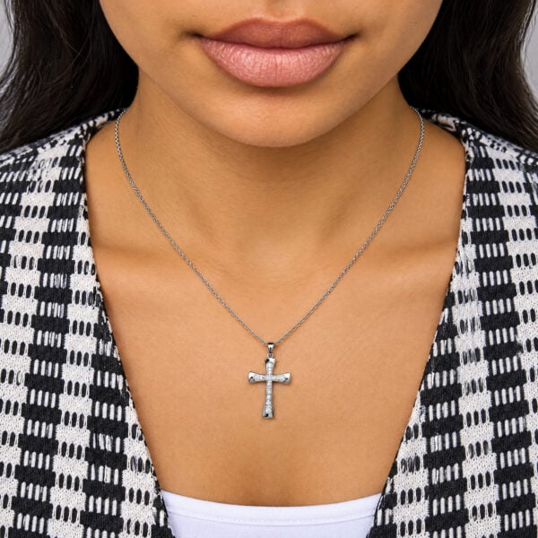 .925 Sterling Silver 1/10 Cttw Round Diamond Cross Pendant Necklace - alternate view 5