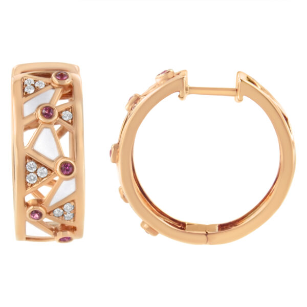 14K Rose Gold 1/6 Cttw Diamond and Pink Tourmaline White Enamel Geometric Hoop Earrings - alternate view 2