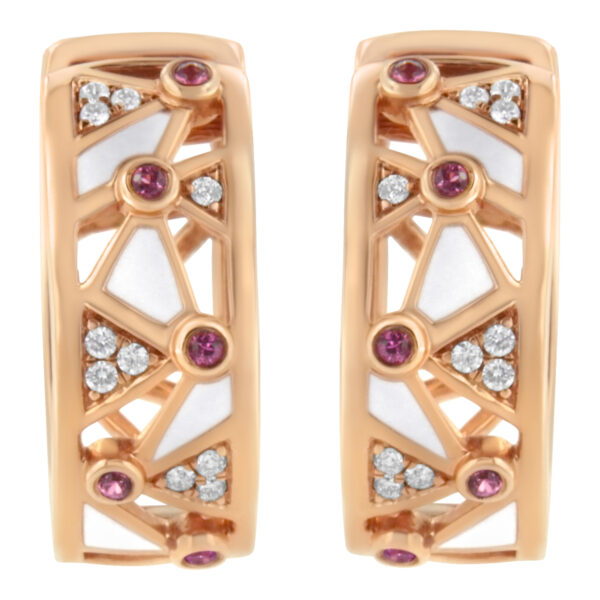 14K Rose Gold 1/6 Cttw Diamond and Pink Tourmaline White Enamel Geometric Hoop Earrings - alternate view 3