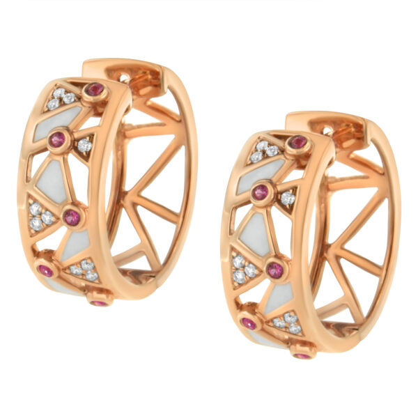 14K Rose Gold 1/6 Cttw Diamond and Pink Tourmaline White Enamel Geometric Hoop Earrings - alternate view 4