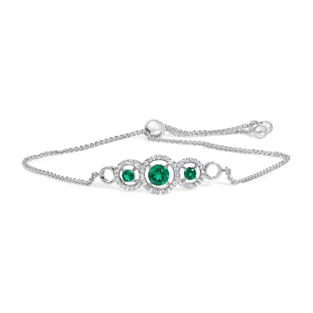 .925 Sterling Silver Green Emerald and White Sapphire Triple Circle Bolo Bracelet