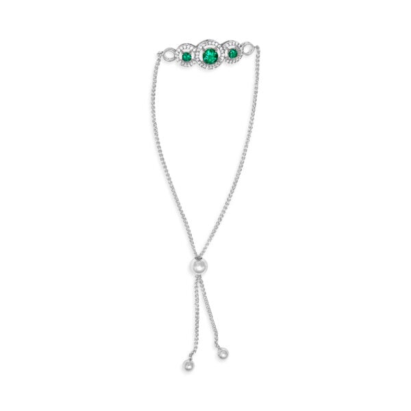 .925 Sterling Silver Green Emerald and White Sapphire Triple Circle Bolo Bracelet - alternate view 3