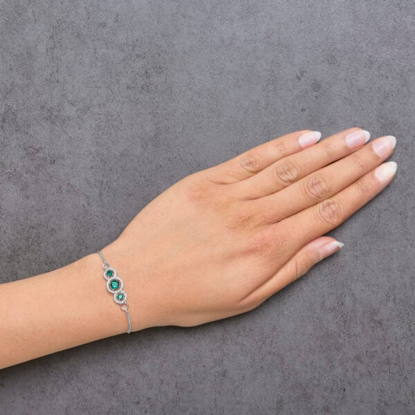 .925 Sterling Silver Green Emerald and White Sapphire Triple Circle Bolo Bracelet - alternate view 5