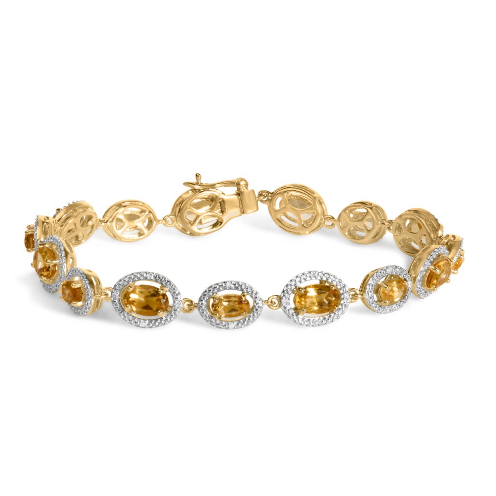 Gold Vermeil Oval Citrine and 1/10 Cttw Diamond Halo Link Bracelet - Sterling Silver