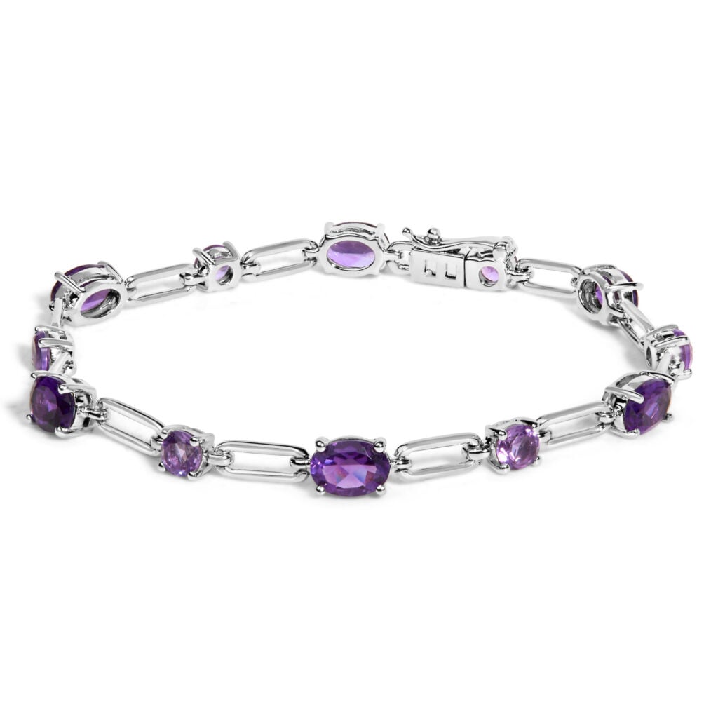 Sterling Silver Oval Purple Amethyst & Rose de France Pink Amethyst Station Link Bracelet