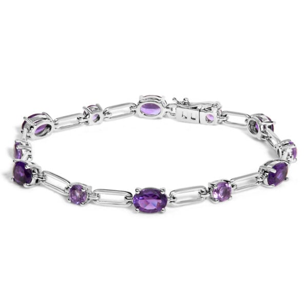 Sterling Silver Oval Purple Amethyst & Rose de France Pink Amethyst Station Link Bracelet