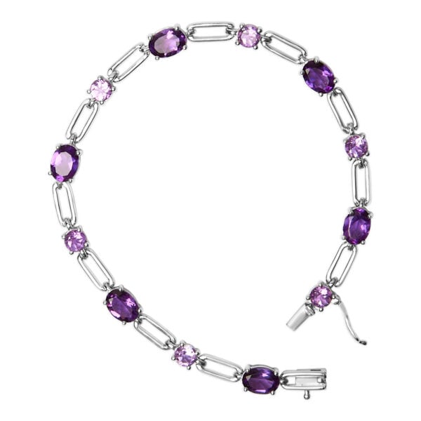 Sterling Silver Oval Purple Amethyst & Rose de France Pink Amethyst Station Link Bracelet - alternate view 3