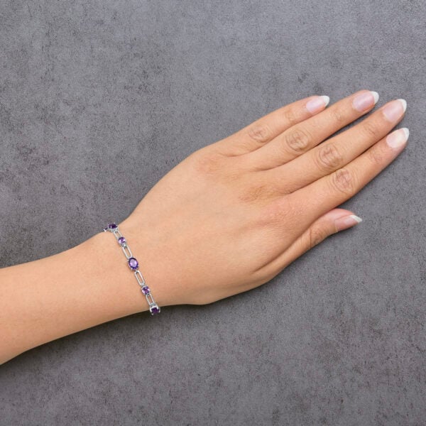 Sterling Silver Oval Purple Amethyst & Rose de France Pink Amethyst Station Link Bracelet - alternate view 5
