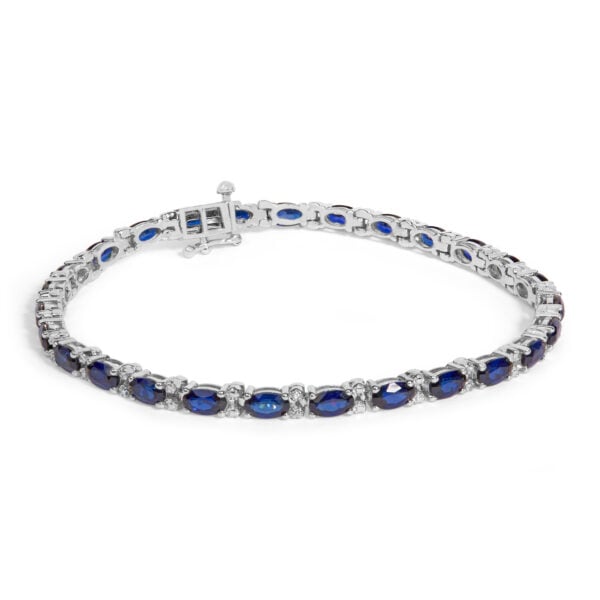 Sterling Silver Alternating Diamond Accent and Oval Blue Sapphire Tennis Bracelet