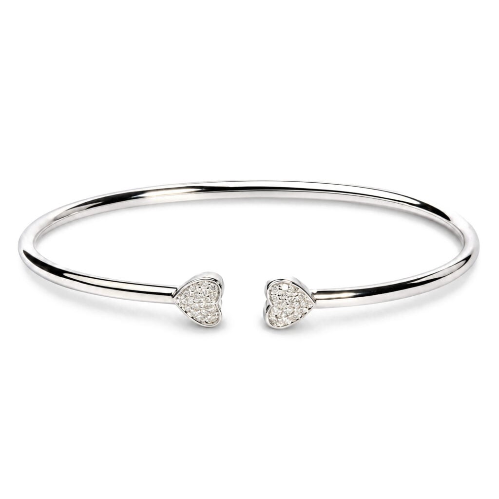 .925 Sterling Silver 1/6 Cttw Diamond Twin Heart Open Flexy Bangle Bracelet